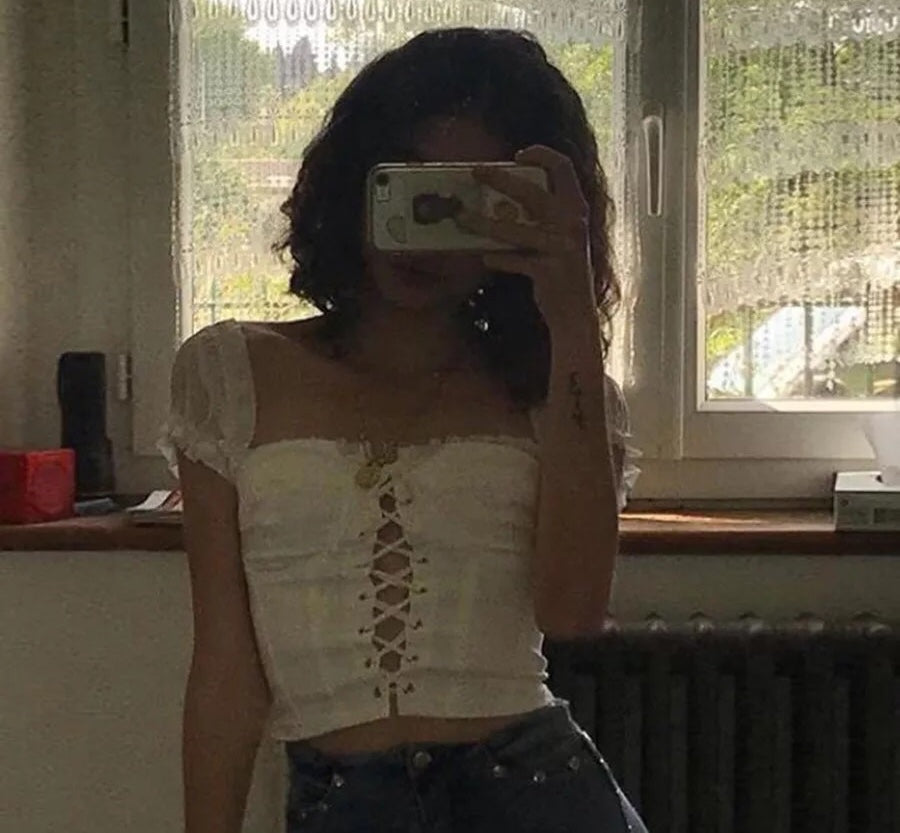 Cute Sexy Lace Up Ruffle Crop Top Short Sleeve Shirt T-shirt Tee Top Kawaii Korean Japanese Harajuku Chinese Retro Streetwear Aesthetic Fashion