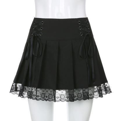 Black Bow Lace Up Pleated Mini Skirt