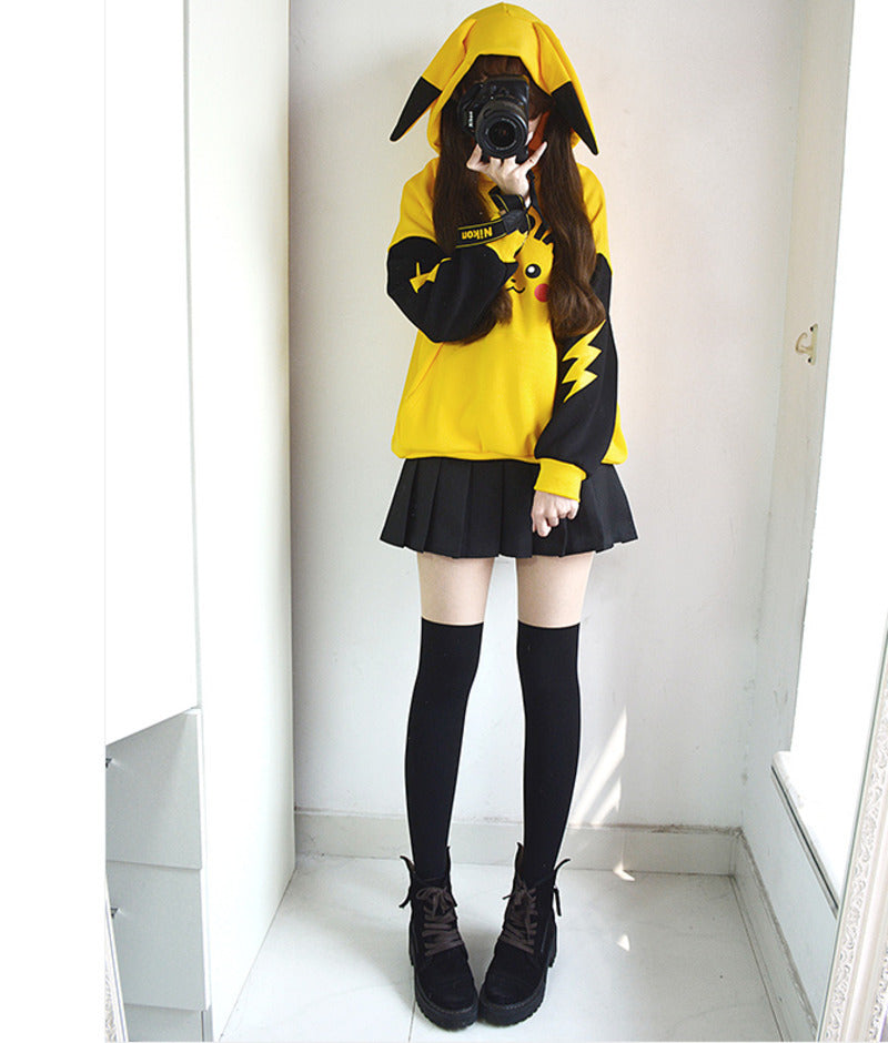 Cute Yellow Pikachu Anime Cartoon Long Ears Oversized Casual Hoodie Sweater Sweatshirt Pullover E-Girl Kawaii Korean Japanese Harajuku Streetwear