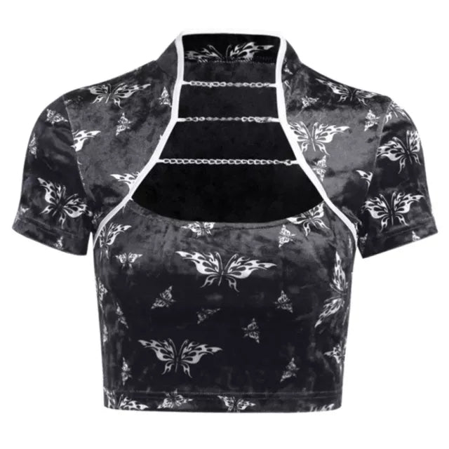 Cute Chinese Style Butterfly Crop Top Short Sleeve Shirt Blouse Summer Aesthetic Casual E-Girl Kawaii Korean Japanese Harajuku