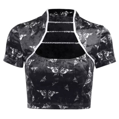 Cute Chinese Style Butterfly Crop Top Short Sleeve Shirt Blouse Summer Aesthetic Casual E-Girl Kawaii Korean Japanese Harajuku