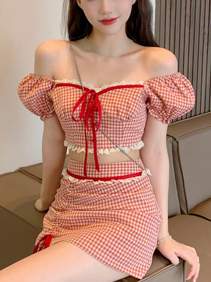 2PCS Red Plaid Crop Top + Mini Skirt