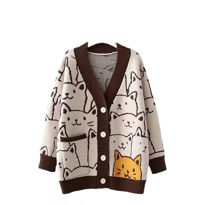 Cat Print V Neck Sweater