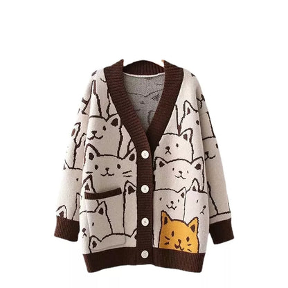 Cat Print V Neck Sweater