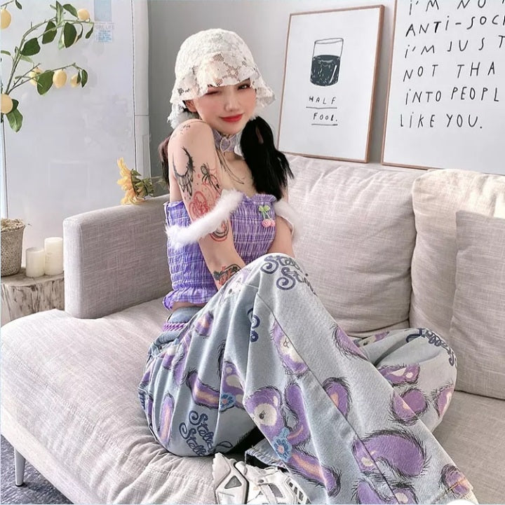 Cute Bunny Rabbit Cartoon Print High Waisted Denim Long Wide Leg Jeans Pants Trouser Aesthetic Casual Summer E-Girl Kawaii Korean Japanese Harajuku