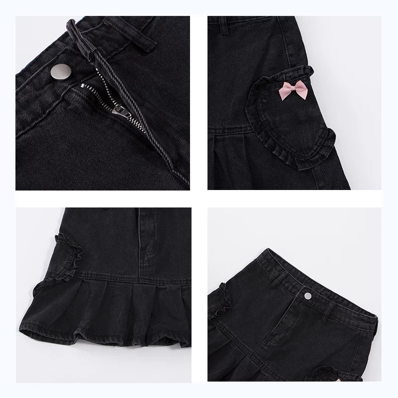 Cute Black Heart Bow Pocket Denim Mini Skirt High Waisted Pleated Aesthetic Goth Casual Summer E-Girl Kawaii Korean Japanese Harajuku