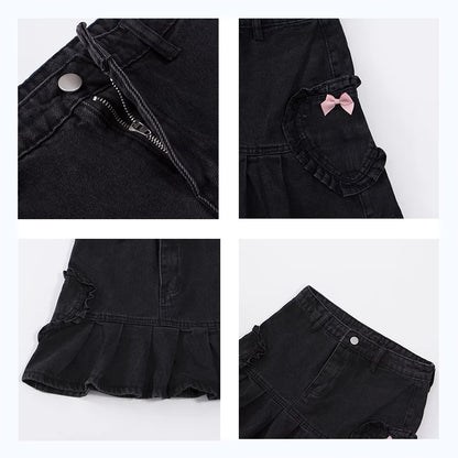 Cute Black Heart Bow Pocket Denim Mini Skirt High Waisted Pleated Aesthetic Goth Casual Summer E-Girl Kawaii Korean Japanese Harajuku