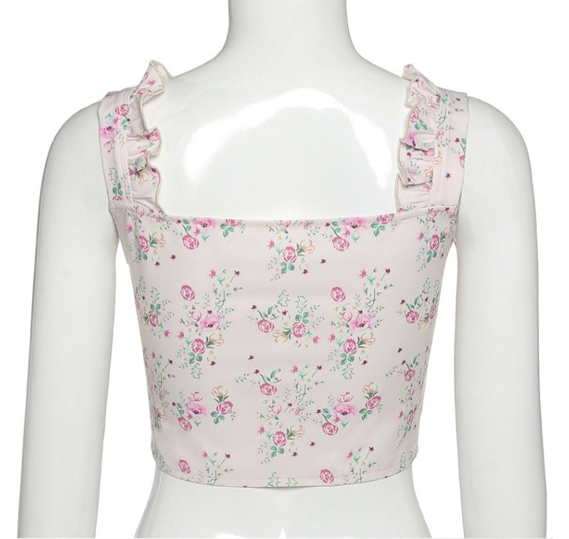 Floral Print Ruffle Button Up Bustier Crop Top