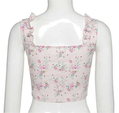 Floral Print Ruffle Button Up Bustier Crop Top