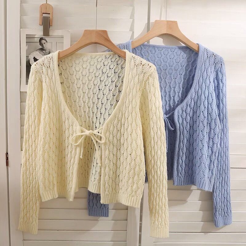 Hollow Out Lace Up V Neck Cardigan