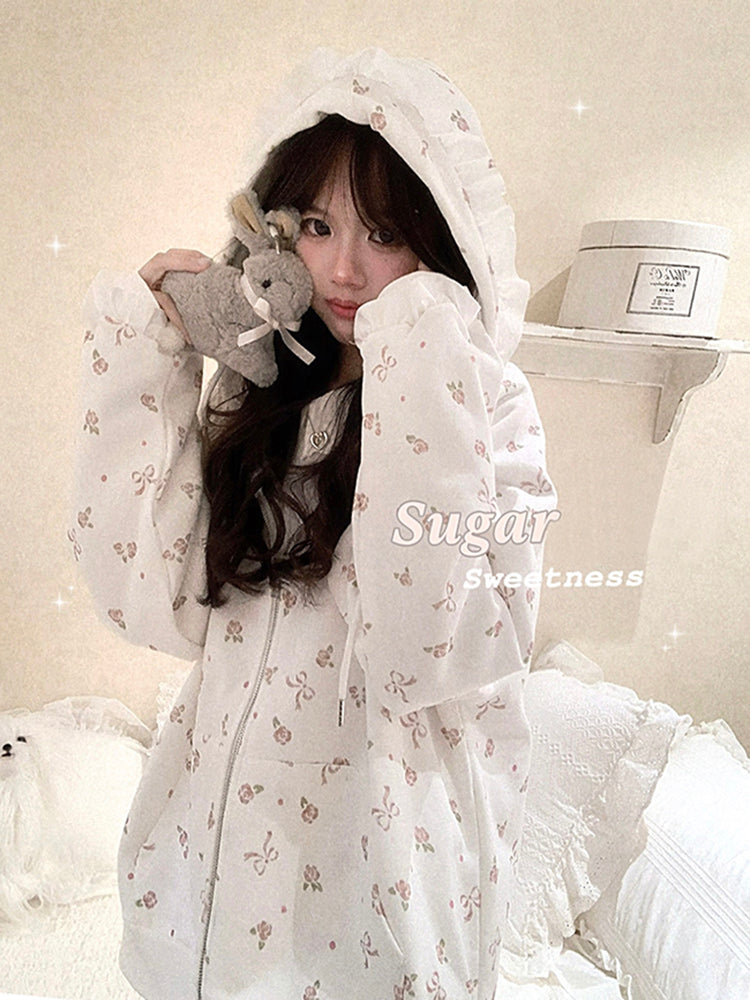 Bow Rose Print Loose Hoodie