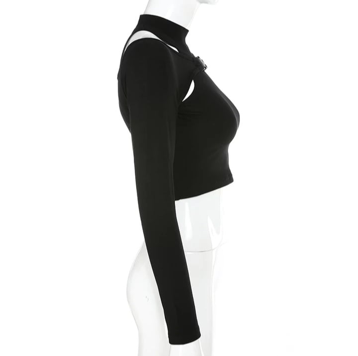 Cute Black Buckle Hollow Out Turtleneck Crop Top Long Sleeve Shirt Punk Goth Summer Aesthetic Casual E-Girl Kawaii Korean Japanese Harajuku