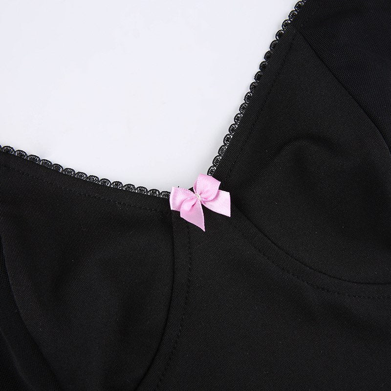 Sexy Pink Ribbon Bow Mesh Panel V Neck Crop Top Camisole Sleeveless Shirt Summer Goth Aesthetic E-Girl Kawaii Korean Japanese Harajuku Streetwear