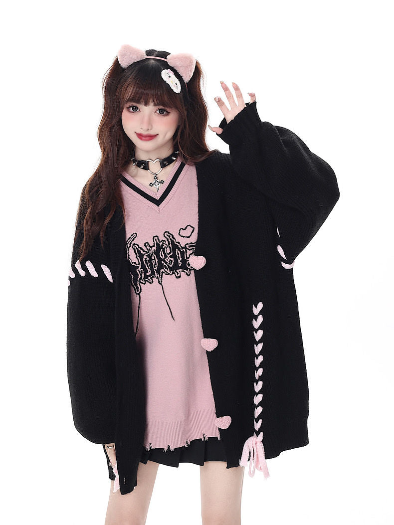 Preppy Heart Bandage V Neck Sweater