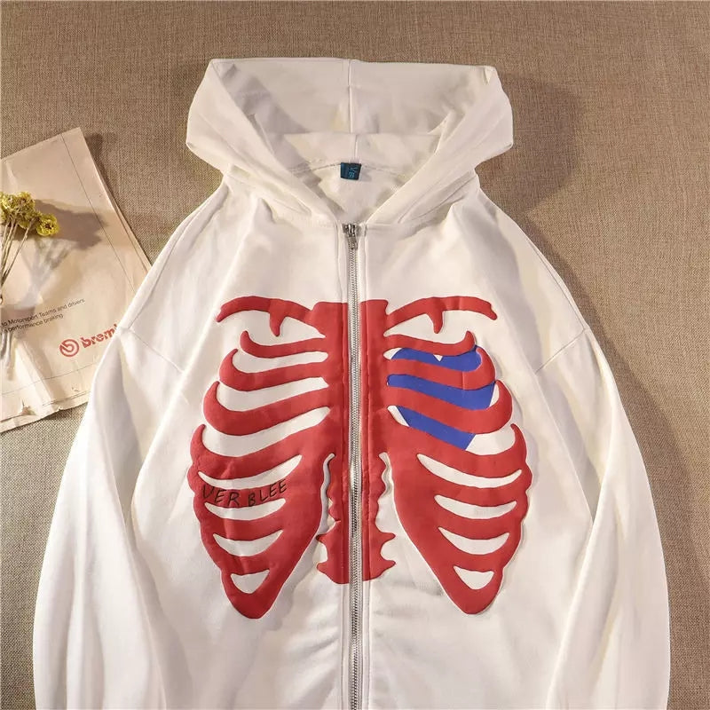 Retro Rib Skeleton Print Long Sleeve Hoodie Jacket Zipper Pullover Casual E-Girl Kawaii Korean Japanese Harajuku Streetwear