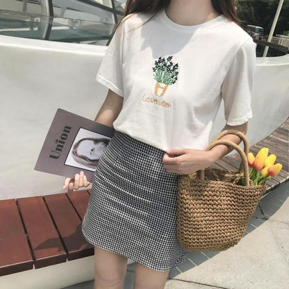 Cute Summer Lavender Plant Flower Embroidery White Loose Casual Short Sleeve Tee Shirt T-shirt Top E-Girl Kawaii Korean Japanese Harajuku Streetwear