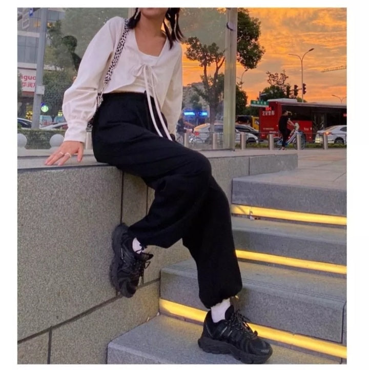 Cute Sweet White Lace Up Loose Cropped Long Sleeve Shirt Cardigan Pullover Aesthetic Casual Summer E-Girl Kawaii Korean Japanese Harajuku
