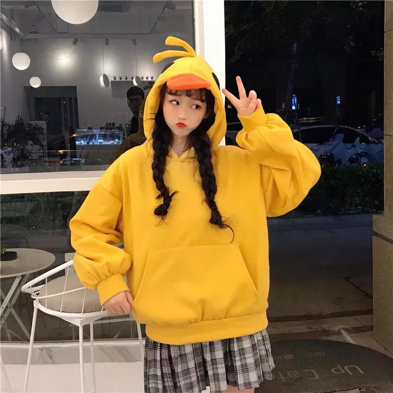 Cute 3D Yellow Duck Hoodie Long Sleeve Pullover Casual Aesthetic Casual E-Girl Kawaii Korean Japanese Harajuku