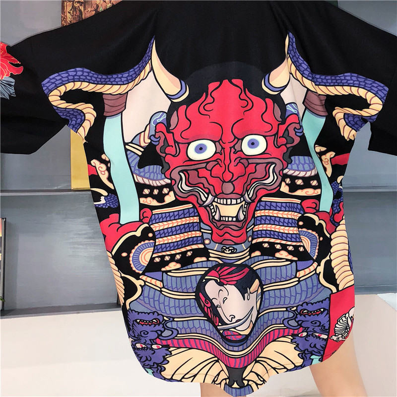 Mask Demon Horn Kimono Cardigan Cartoon Print Loose Blouse Long Sleeve Shirt T-shirt Top E-Girl Kawaii Korean Japanese Harajuku Streetwear