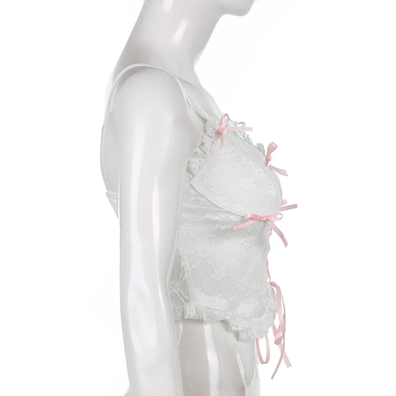 Cute Lace Mesh Patchwork Transparent Corset Camisole Ruffle Crop Top Sleeveless Shirt Summer Aesthetic Casual E-Girl Kawaii Korean Japanese Harajuku