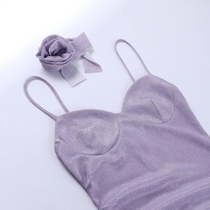 Purple Glitter Flower Frill Split Midi Dress