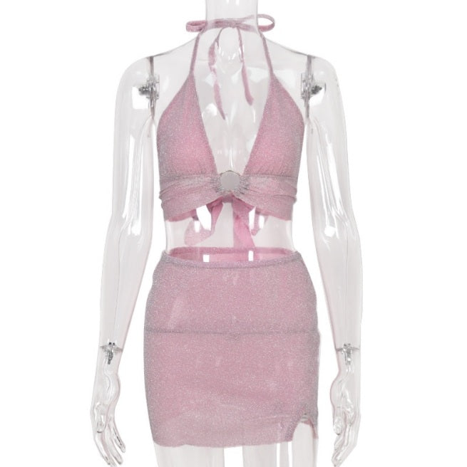 Cute Sexy Glitter Camisole + High Waist Mini Skirt Suit Backless Summer Aesthetic Casual E-Girl Kawaii Korean Japanese Harajuku