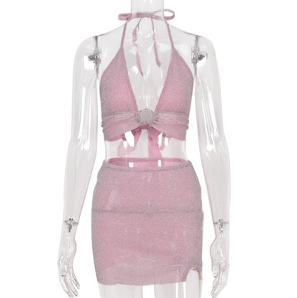 Cute Sexy Glitter Camisole + High Waist Mini Skirt Suit Backless Summer Aesthetic Casual E-Girl Kawaii Korean Japanese Harajuku