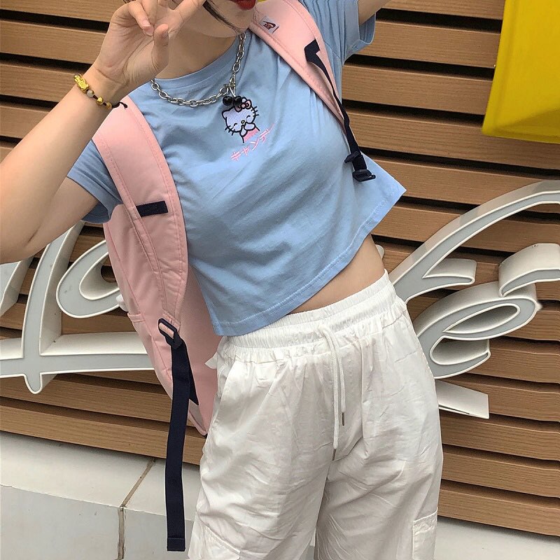 Cute Cat Kitten Embroidery Anime Cartoon Crop Top Short Sleeve Shirt T-shirt Top Summer Casual E-Girl Kawaii Korean Japanese Harajuku Streetwear