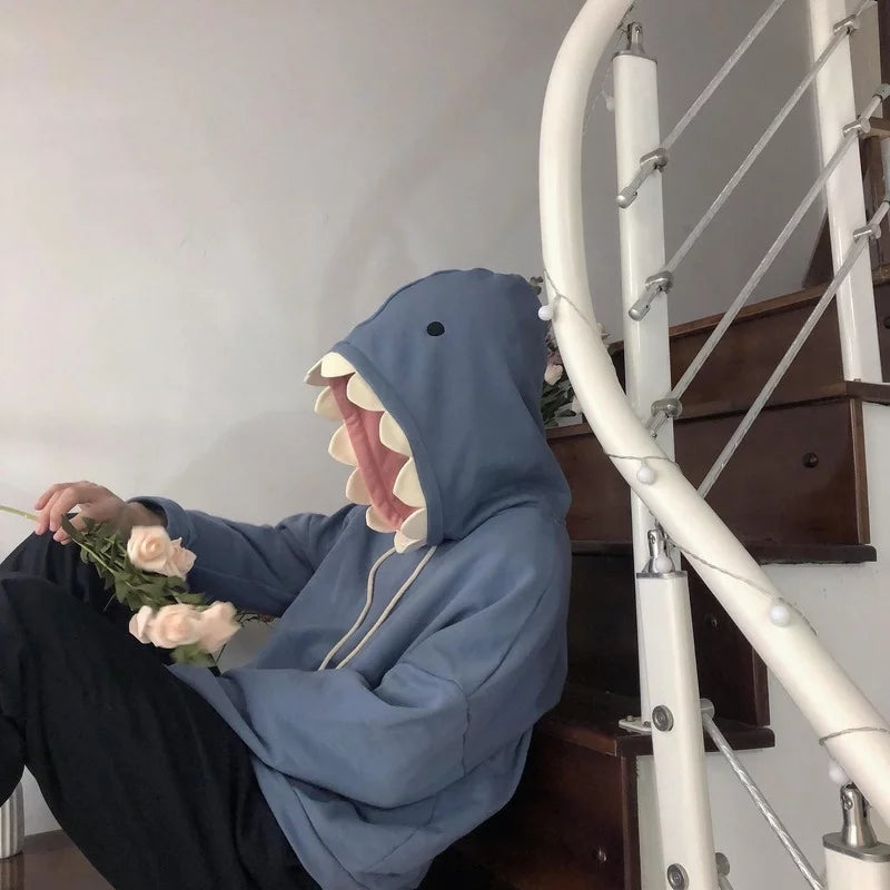 Cute Funny Shark Cartoon Patchwork Oversize Hoodie Sweatshirt Long Sleeve Pullover Aesthetic Casual E-Girl Kawaii Korean Japanese Harajuku