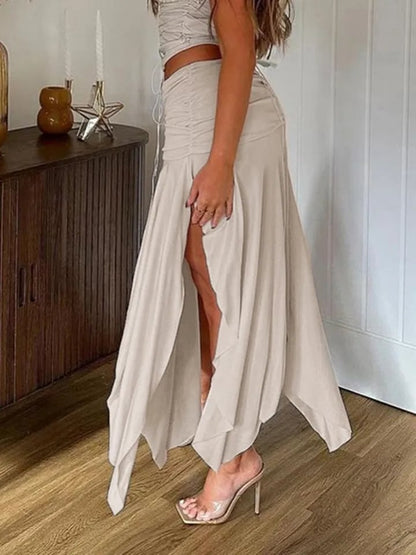 Drawstring Split Low Rise Maxi Skirt