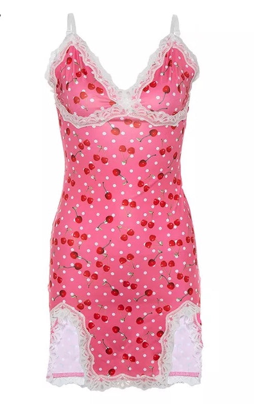 Cute Pink Cherry Lace Up Bodycon Mini Dress Fashion Party Print E-Girl Kawaii Korean Japanese Harajuku Retro Streetwear