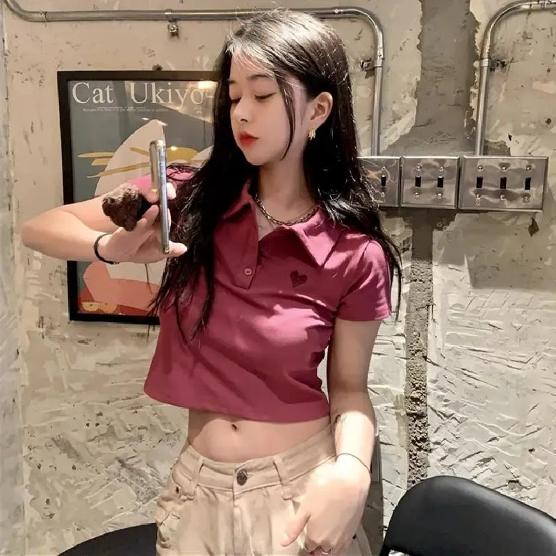 Pink Polo Short Sleeve Crop Top