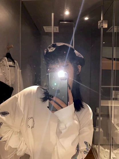 Cute Vintage White Butterfly Print Long Sleeve Shirt Sweatshirt Loose Oversized Autumn Aesthetic E-Girl Kawaii Korean Japanese Harajuku Streetwear