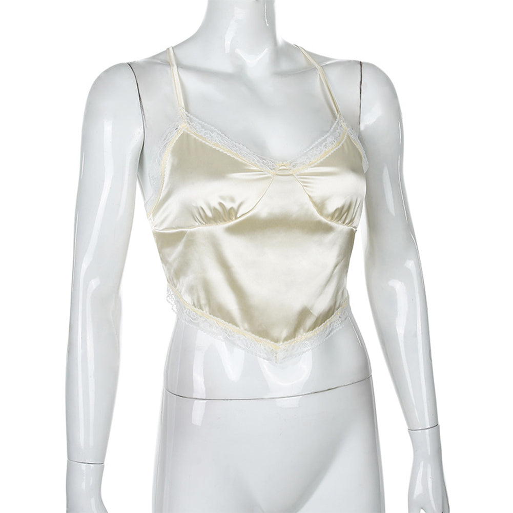 Sexy Bandage Lace Trim Sweet Satin V Neck Crop Top Camisole Spaghetti Strap Backless Shirt E-Girl Kawaii Korean Japanese Harajuku Streetwear