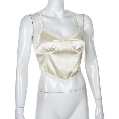 Sexy Bandage Lace Trim Sweet Satin V Neck Crop Top Camisole Spaghetti Strap Backless Shirt E-Girl Kawaii Korean Japanese Harajuku Streetwear