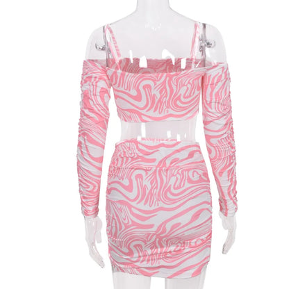 2PCS Pink Off Shoulder Sling Long Sleeve Crop Top + Skirt