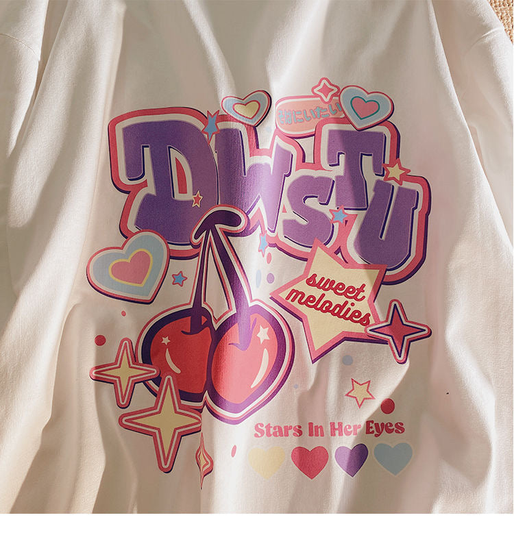 Cherry Print Loose Short Sleeve T-shirt