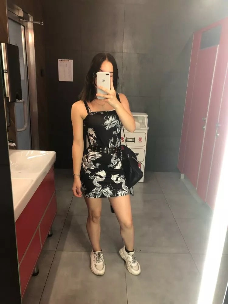 Cute Sexy Dragon Print Sleeveless Split Club Bodycon Mini Dress Party E-Girl Kawaii Korean Japanese Harajuku Chinese Retro Streetwear Aesthetic