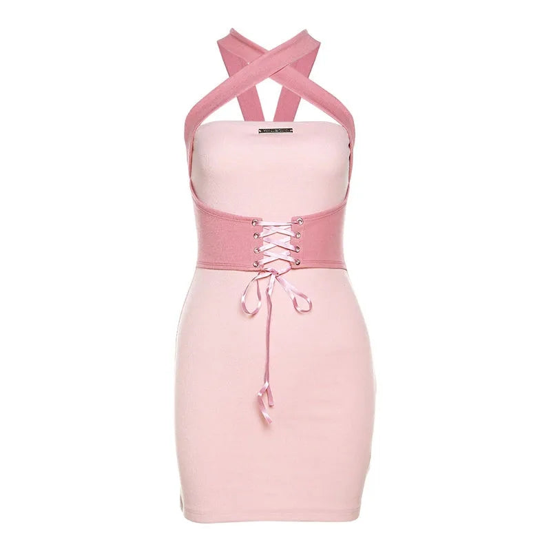 Pink Tie Up Corset Waist Bodycon Mini Dress