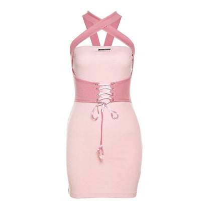 Pink Tie Up Corset Waist Bodycon Mini Dress