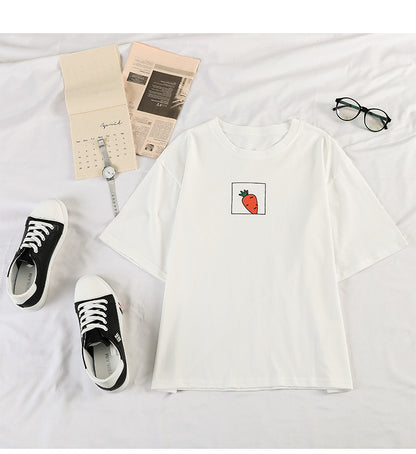 Cute 90s Carrot Print Cartoon vintage Graphic Tee T-shirt Short Sleeve Shirt Top E-Girl Kawaii Korean Japanese Harajuku Retro Streetwear