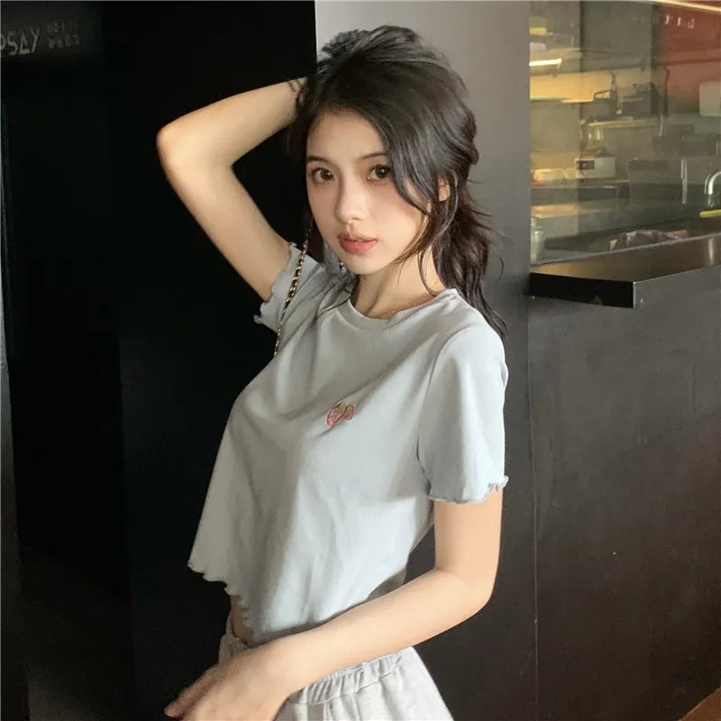 Strawberry Embroidery Ruffle Short Sleeve Shirt