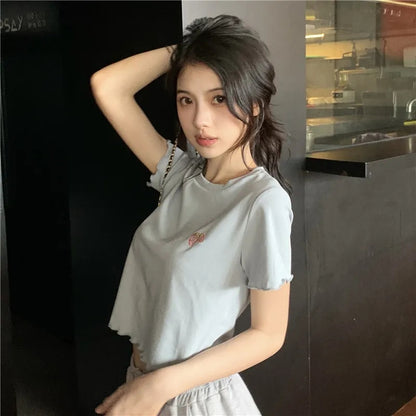 Strawberry Embroidery Ruffle Short Sleeve Shirt