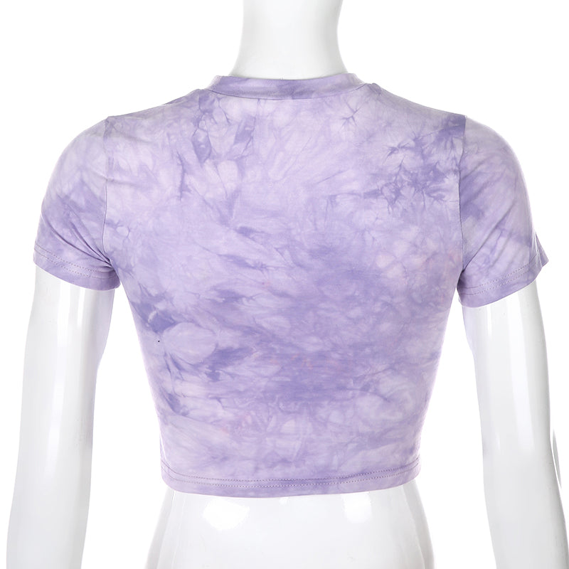 Cute Cat Butterfly Print Purple Sexy Crop Top Tank Short Sleeve Shirt Tee T-shirt Summer Casual E-Girl Kawaii Korean Japanese Harajuku Streetwear