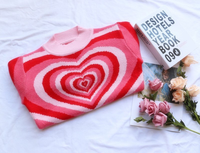 Cute Sweet 90s Hot Pink Heart Striped Long Sleeve Knit Top Sweater Sweatshirt Pullover Jumper Autumn E-Girl Kawaii Korean Japanese Harajuku Streetwear