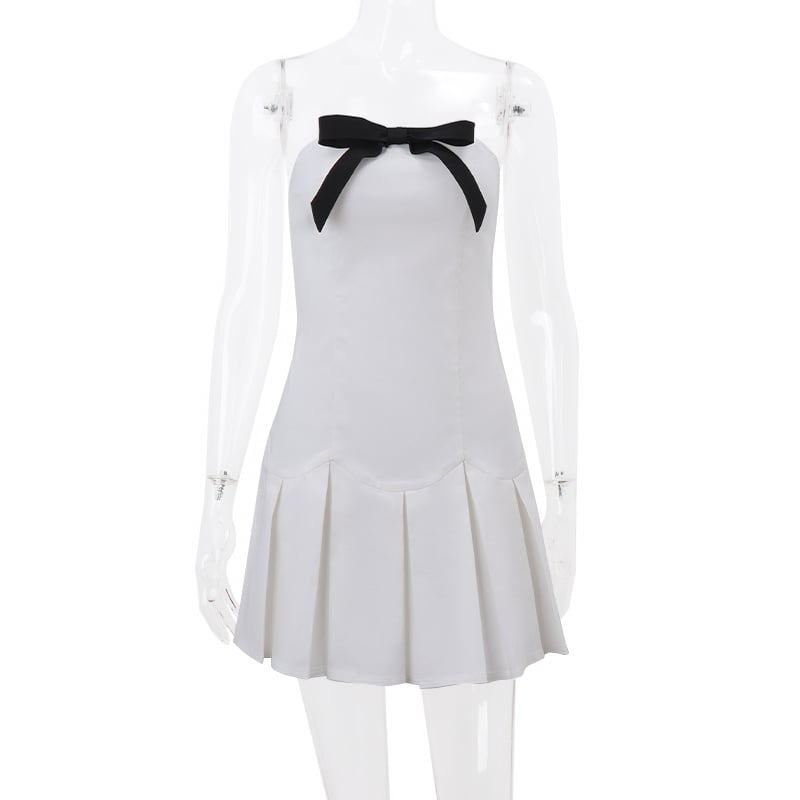 Preppy Bow Patchwork Strapless Mini Dress