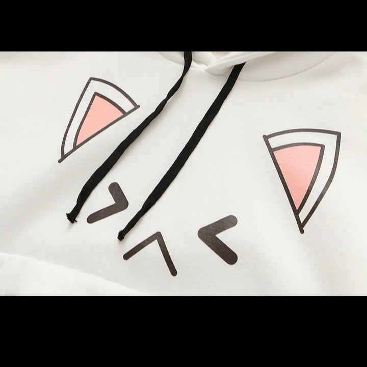 Cute Cat Kitten Ear Cartoon Print Funny Hoodie Long Sleeve Pullover Sweatshirt Aesthetic Casual E-Girl Kawaii Korean Japanese Harajuku