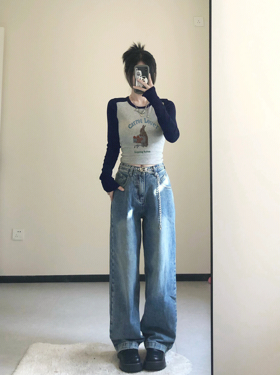 Rabbit Graphic Print Patchwork Long Sleeve Shirt