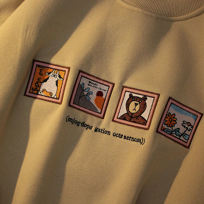 Cute Picture Frame Embroidery Velvet Thick Round Neck Sweatshirt Oversize Hoodie Pullover Sweater E-Girl Kawaii Korean Japanese Harajuku Streetwear