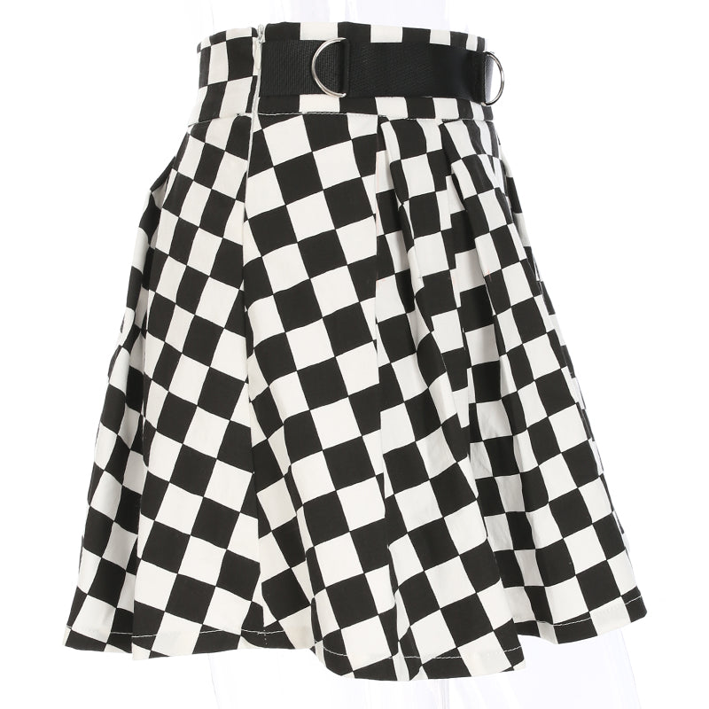 Cute Sexy Checkered Pleated Black White Sash High Waisted Skater Skirt E-Girl Kawaii Korean Japanese Harajuku Streetwear